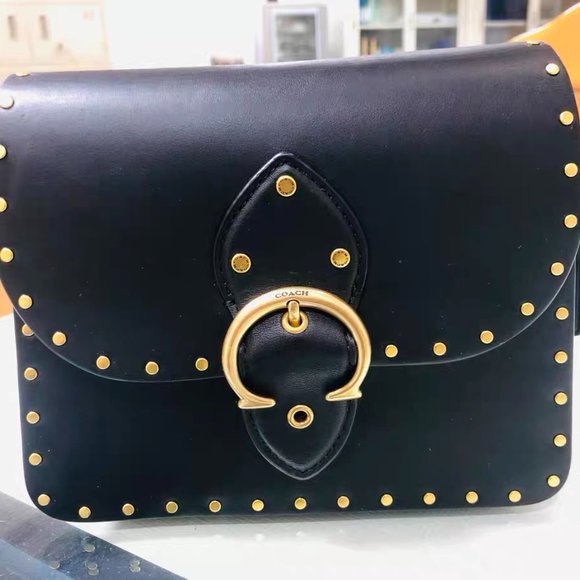 Coach Beat Shoulder Bag 18 With Rivets Brass Black